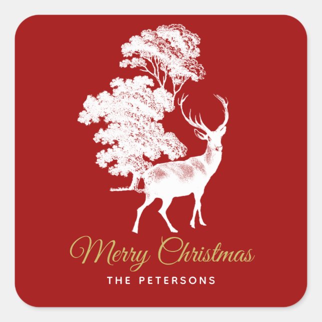 Classic Red French Toile Deer in Forest Square Sticker (Front)