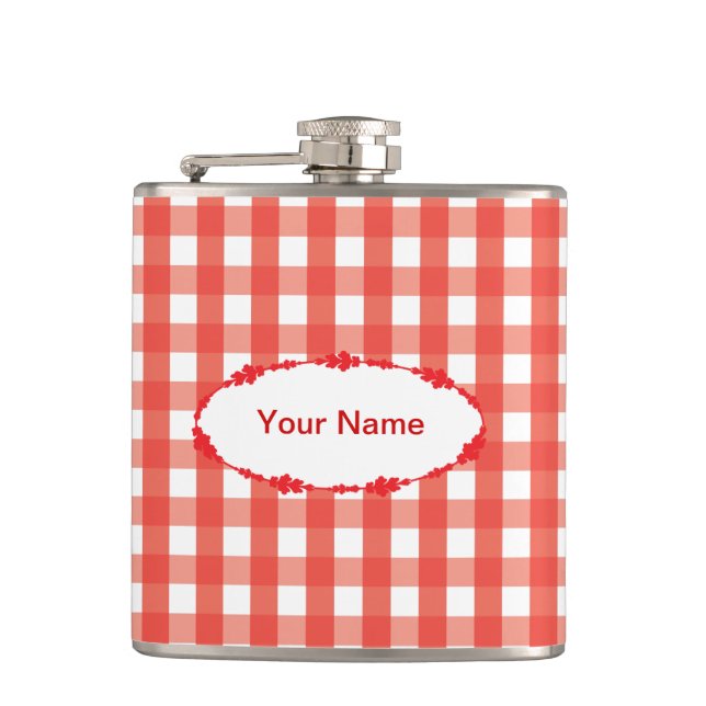 Classic Red Gingham Check Pattern Hip Flask (Front)