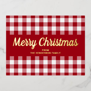 Classic Red Gingham Christmas Script Gold  Foil Holiday Postcard
