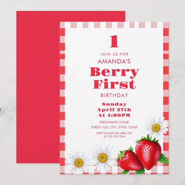 Classic Red Gingham Strawberries Girl 1st Birthday Invitation (Front/Back)