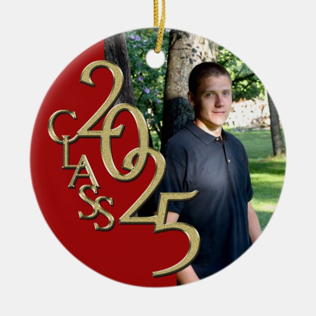 Classic Red Gold 2025 Graduate Photo Ceramic Tree Decoration (Front)
