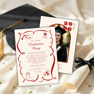 Classic Red Graduation with Photo Party Invitation