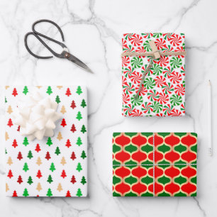 Classic Red Green and Gold Holiday Patterns Wrapping Paper Sheet