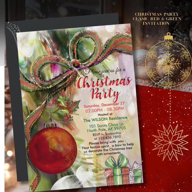 Classic Red Green Bow Watercolor Christmas Party  Invitation (Classic Red Green Bow Watercolor Christmas Party Invitation)