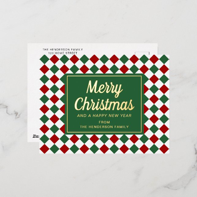 Classic Red Green Check Merry Christmas Gold Foil Holiday Postcard (Front/Back)