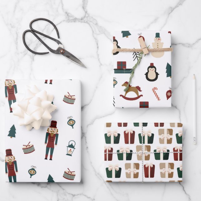 Classic Red & Green Christmas Cuties Wrapping Paper Sheet (Front)