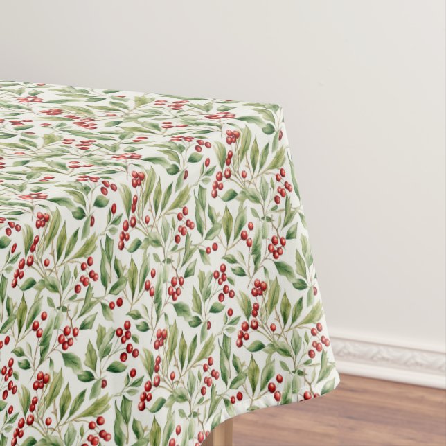 Classic red green Christmas greenery holly berry Tablecloth (In Situ)
