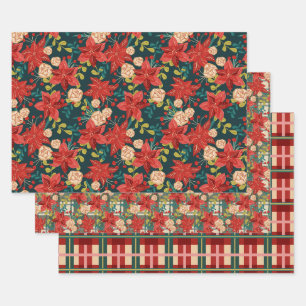 Classic Red & Green Floral Christmas Wrapping Paper Sheet