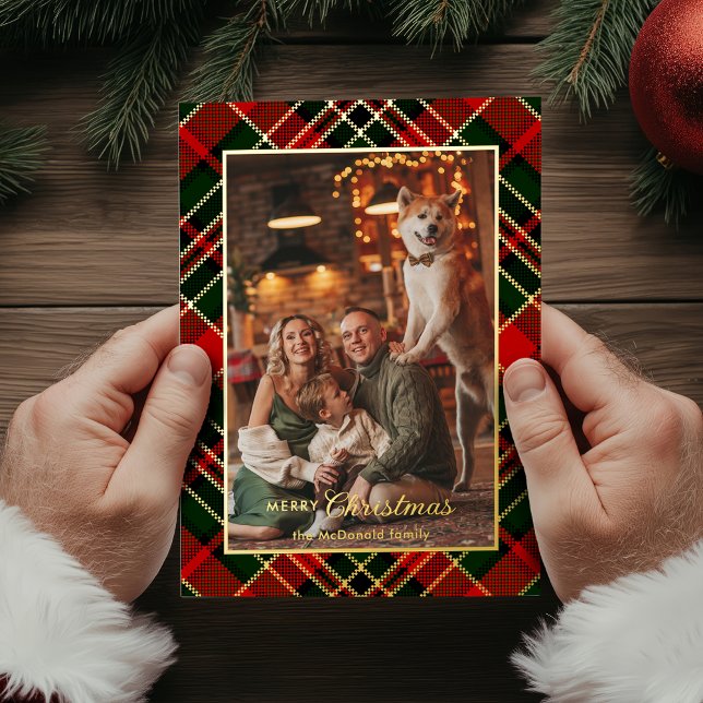 Classic Red, Green, Gold Christmas Plaid 1-Photo Foil Holiday Card (Creator Uploaded)