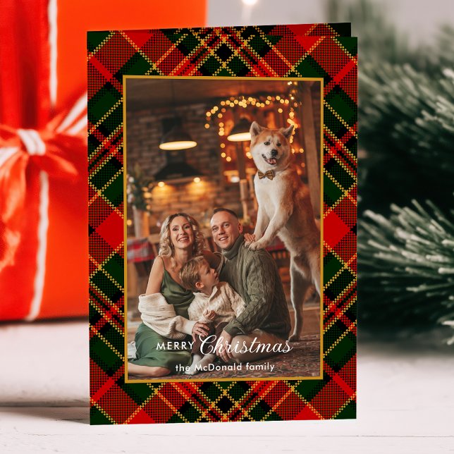 Classic Red, Green, Gold Christmas Plaid 1-Photo Holiday Card (Creator Uploaded)