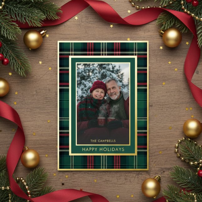 Classic Red Green Plaid Happy Holidays Photo Foil Holiday Card (Creator Uploaded)
