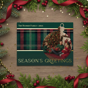 Classic Red Green Plaid Holidays Bulb Photo Foil Holiday Postcard
