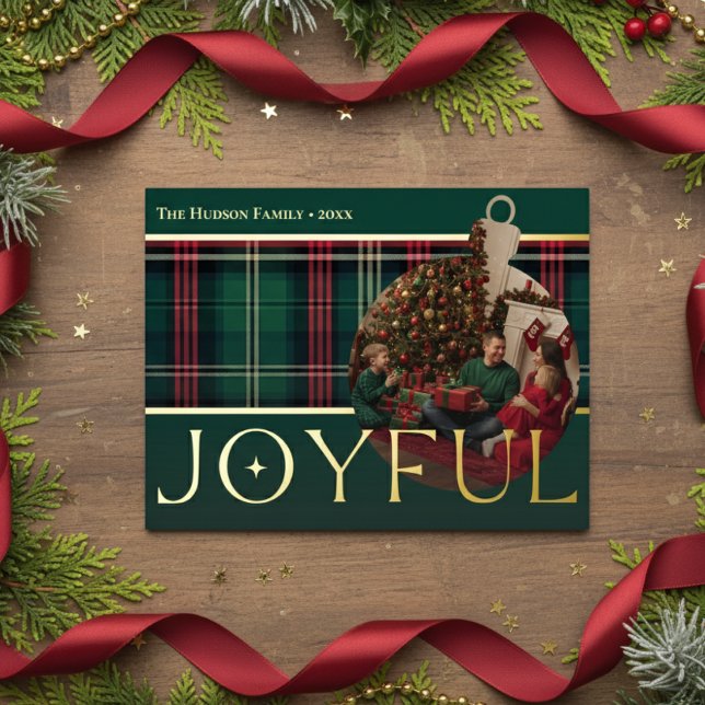 Classic Red Green Plaid Joyful Bulb Photo Foil Holiday Postcard (Creator Uploaded)