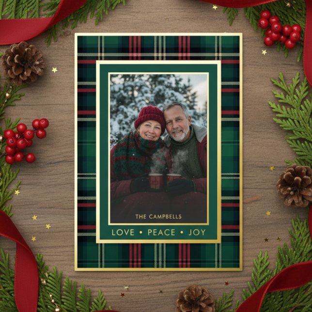 Classic Red Green Plaid Love Peace Joy Photo Foil Holiday Card (Creator Uploaded)