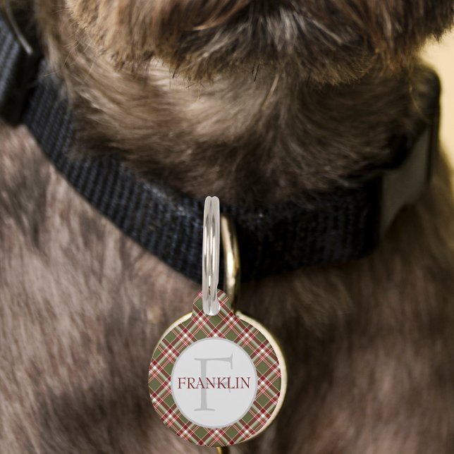 Classic Red Green Plaid Monogram Pet Tag (Classic Red Green Plaid Monogram Pet ID Tag)