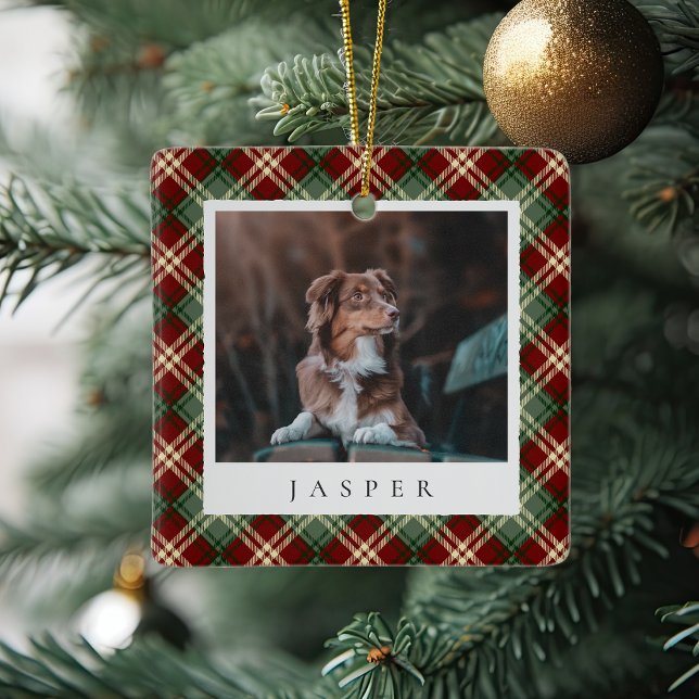 Classic Red Green Plaid Personalised Pet Dog Photo Ceramic Ornament (Creator Uploaded)