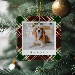 Classic Red Green Plaid Personalized Pet Dog Photo Ceramic Ornament