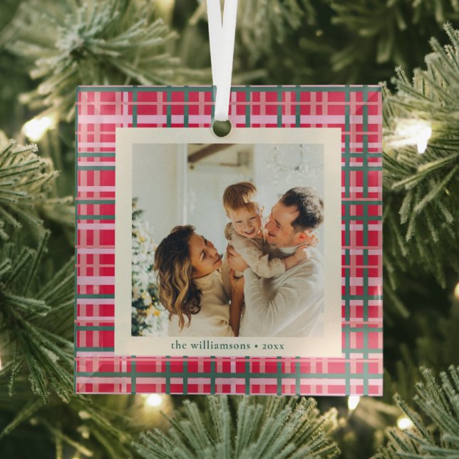 Classic Red Green Plaid Photo Keepsake Christmas Glass Tree Decoration (Insitu)