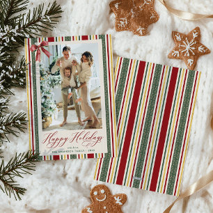 Classic Red Green Stripes Bow Happy Holidays Photo Holiday Card