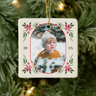 Classic Red & Green Vintage Cottage Christmas Ceramic Ornament