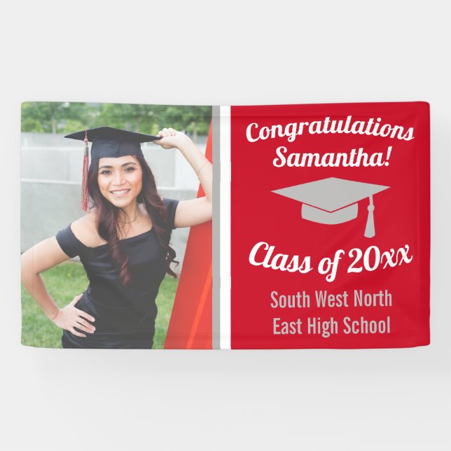 Classic Red Grey Custom Photo Graduation Banner (Horizontal)
