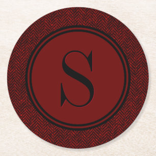 Classic Red Herringbone Monogram Round Paper Coaster