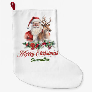 Classic red holly berries   Santa with reindeer Large Christmas Stocking