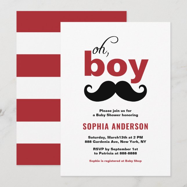 Classic Red It's a Boy Moustache Baby Shower Invitation (Front/Back)