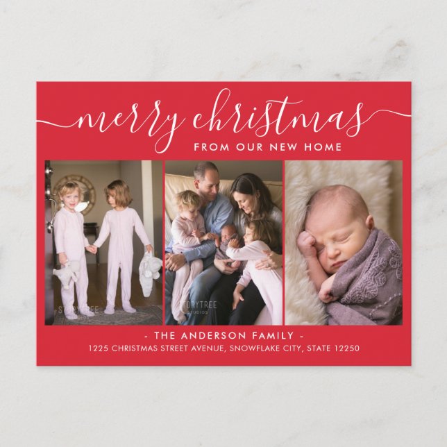 Classic Red Merry Christmas 3 Photo Holiday Moving Announcement Postcard (Front)