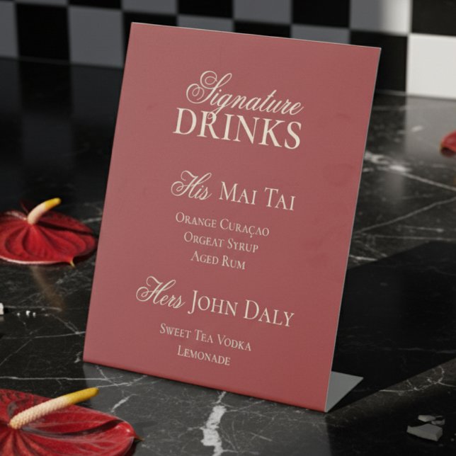 Classic Red Minimalist Wedding Signature Drinks Pedestal Sign (Elevate your bar setup with this Old Money Bold Red Signature Drinks Sign!)