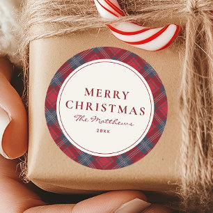 Classic Red Navy Tartan Merry Christmas Round Sticker
