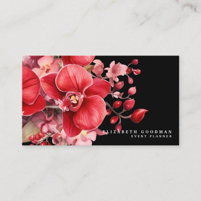 Classic Red Orchids Black Business Cards (Front)
