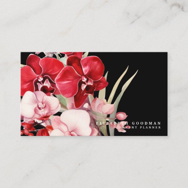 Classic Red Orchids Black Business Cards (Front)