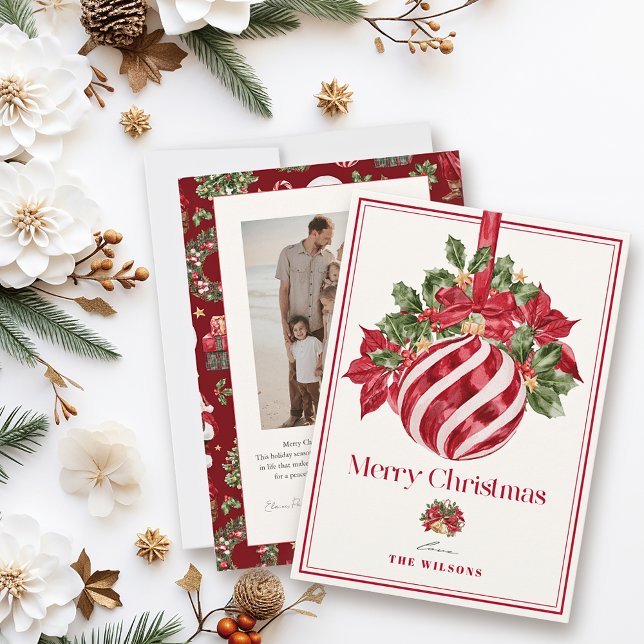 Classic Red Ornament Photo Christmas Holiday Card (Creator Uploaded)