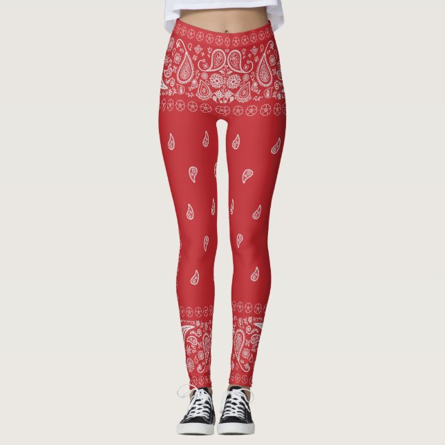 Classic Red Paisley Bandanna Design Leggings (Front)