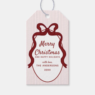 Classic Red Pink Stripes & Bow Frame Christmas  Gift Tags