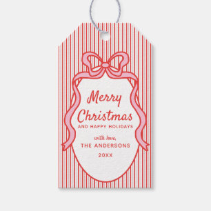 Classic Red Pink Stripes & Bow Frame Christmas  Gift Tags