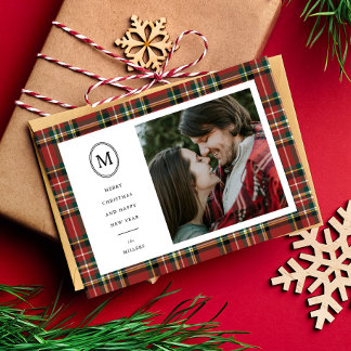 Classic Red Plaid Christmas Name Monogram 1 Photo Holiday Card