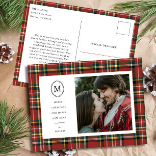 Classic Red Plaid Christmas Name Monogram 1 Photo Holiday Postcard