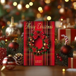 Classic Red Plaid Christmas Wreath Folded Postcard