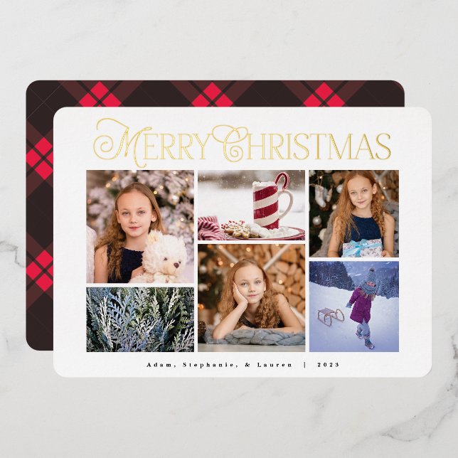 Classic Red Plaid Happy Holiday Foil Photo Card (Front/Back)