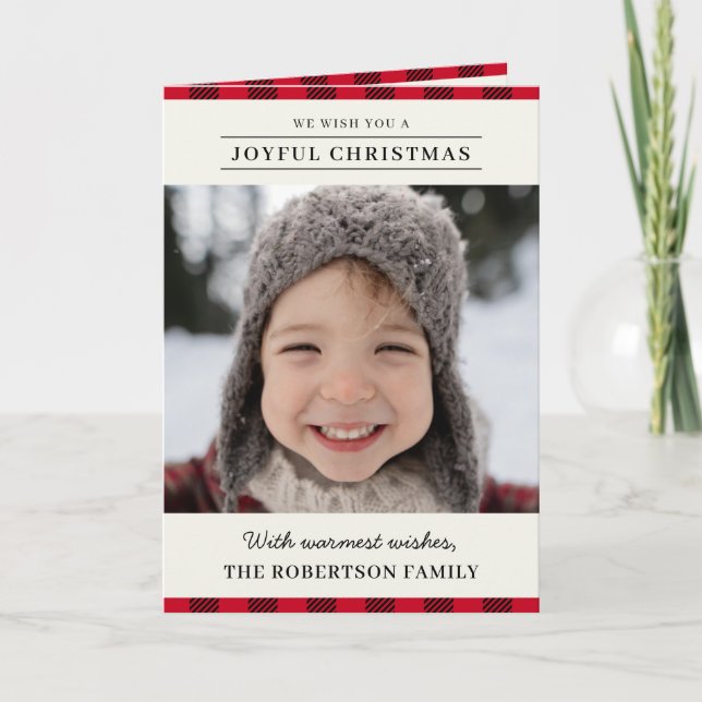 Classic Red Plaid Joyful Christmas Family Photos Holiday Card (Front)