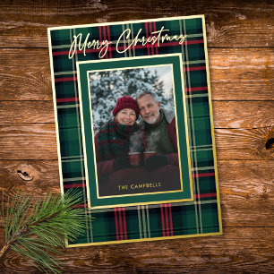 Classic Red Plaid Merry Christmas Script Photo Foil Holiday Card