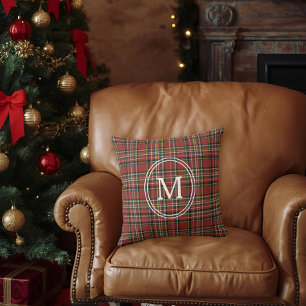 Classic Red Plaid Monogram Christmas Holiday Cushion