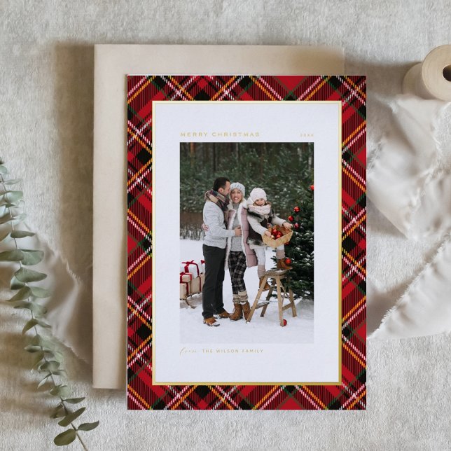 Classic Red Plaid Pattern Merry Christmas Photo Foil Holiday Card (Classic Red Plaid Pattern Merry Christmas Photo Foil Holiday Card)
