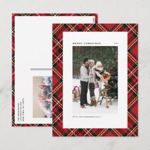 Classic Red Plaid Pattern Merry Christmas Photo Holiday Postcard