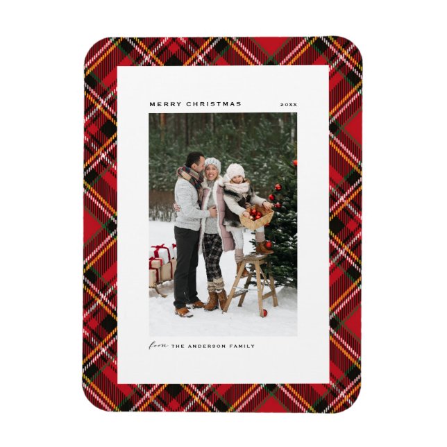 Classic Red Plaid Pattern Merry Christmas Photo Magnet (Vertical)