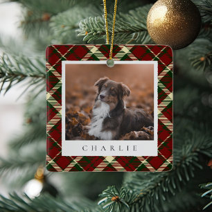 Classic Red Plaid Personalised Pet Dog Photo Ceramic Ornament
