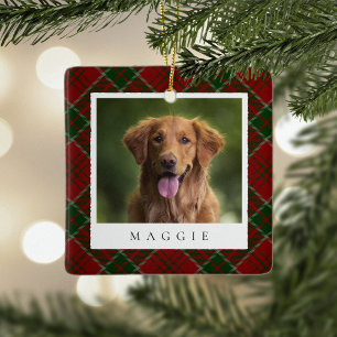 Classic Red Plaid Personalised Pet Dog Photo Ceramic Ornament