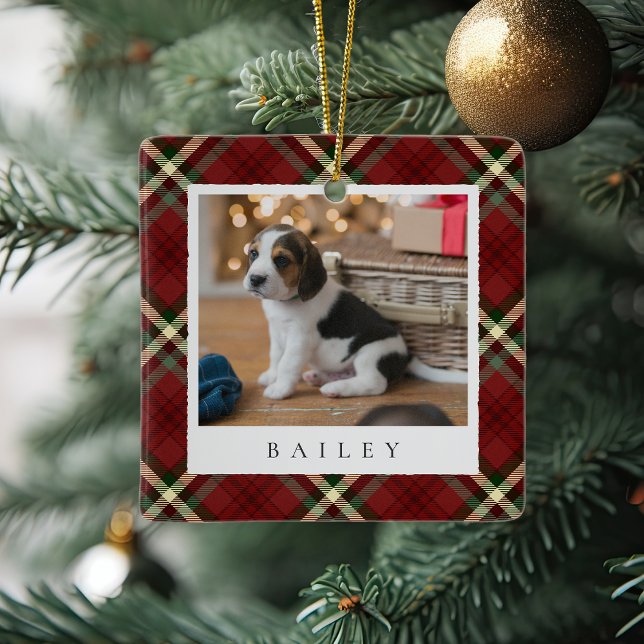 Classic Red Plaid Personalised Pet Dog Photo Ceramic Ornament (Creator Uploaded)